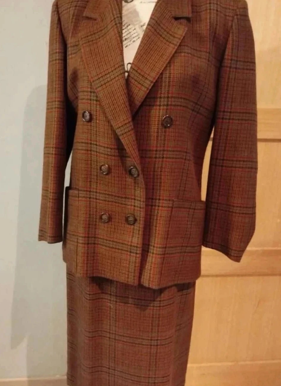 Tailleur jupe laine marron à carreaux, Weinberg T40/42